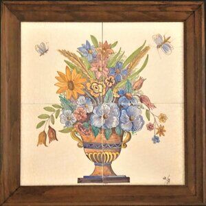Delft 4 Tile Tableau of "Flowers In Vase" Framed Polychrome Tiles by WestRaven